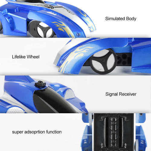 Mavi rəngli, uzaqdan divarda, tavanda idarə olunma qabiliyyəti olan və 360° dönən yarış avtomobili