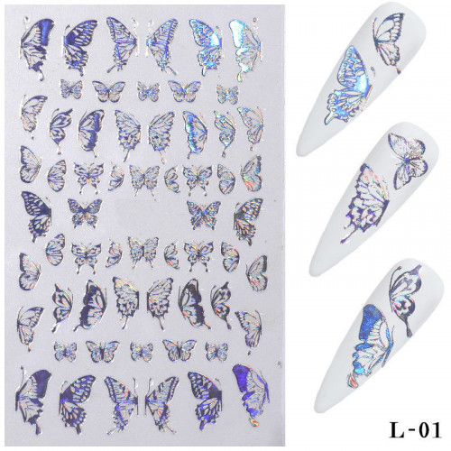 Наклейки для ногтей в форме серебристых бабочек L01