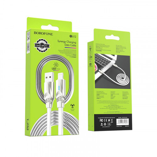 Borofone BU12 indikatorlu gümüş rəngli USB - Lightning / Apple 2.4 А-lik kabel
