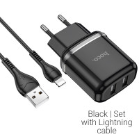Hoco N4 2 USB - 2.4A qara şarj cihazı USB - Lightning / Apple kabel ilə